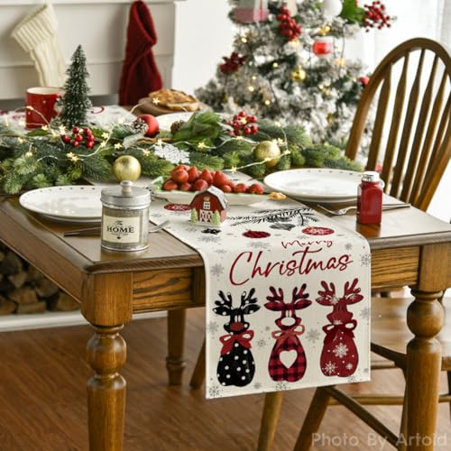 Red Deer Snowflakes Christmas Table Runner 13x72 Inch - Seasonal Holiday Decor