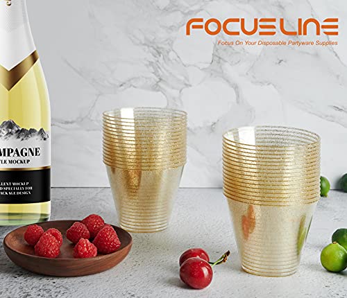 Gold Glitter Plastic Cups - 100 Pack, 9 oz Disposable Party Cups