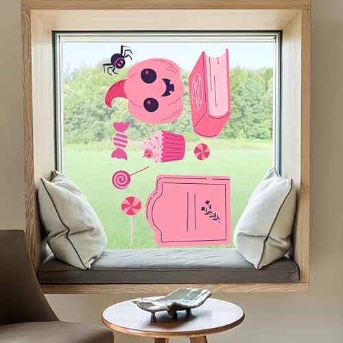 Pink Halloween Window Stickers - 9 Sheets Cute Pumpkin Ghost Bat Web Decorations