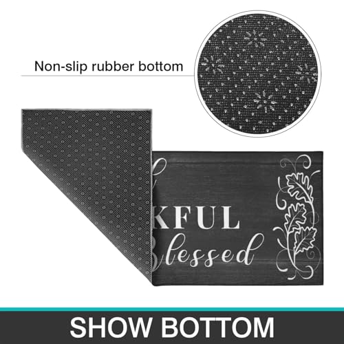 Black Thankful Blessed Kitchen Rugs Set of 2 - 17x47 & 17x30 Inch Cushioned Non-Slip Mat