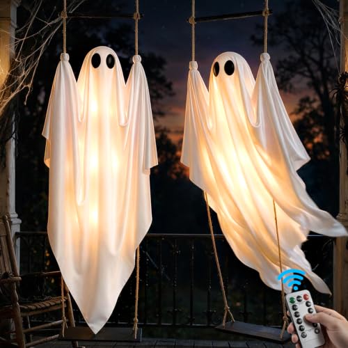 Halloween Hanging Ghost Decorations - 5 FT Swinging Ghosts with Adjustable Arms & 8 Light Modes - White, Outdoor & Indoor, 2 Pack