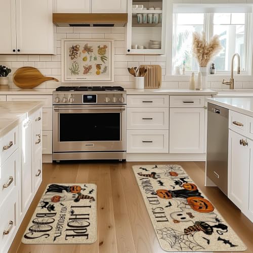 Halloween Spider Web Kitchen Mats Set of 2 - 17x29 & 17x47 Inches, Beige