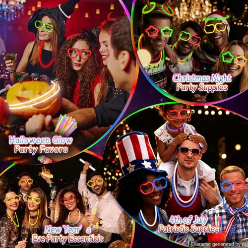 Glow Stick Party Favors Bulk Set with Neon Glasses and Accessories - 8 Colors