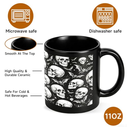Halloween Skull Mug - Gothic Spooky Skeleton Ceramic Black Cup 11oz - Skull Mug Variation