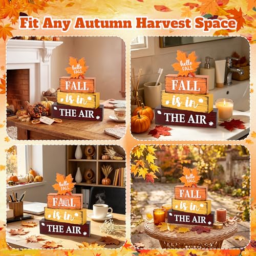 Fall Wooden Decor Set - Rustic Autumn Table Decorations for Home, Includes 'Fall is in The Air' Sign - 4 Pieces