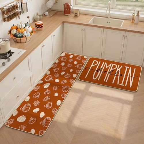 Pumpkin Fall Kitchen Rugs Set of 2 - Terracotta Pumpkin Non-Slip Floor Mats