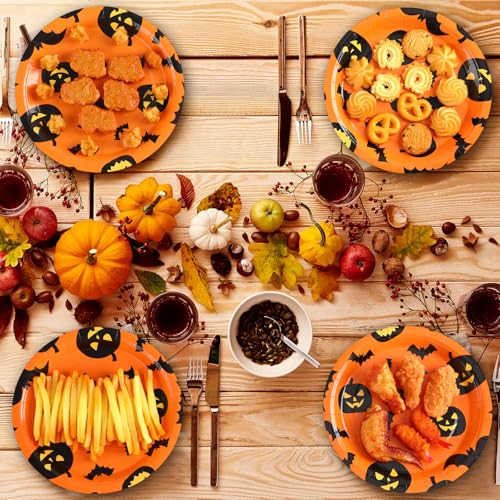 Halloween Paper Plates 9 Inch Pumpkin Bat Disposable Party Dinnerware - 100 Pack