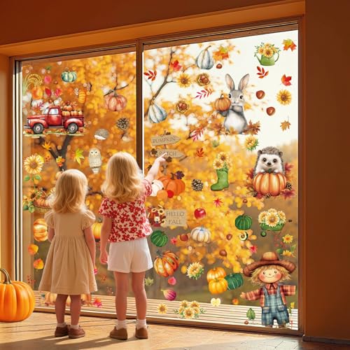 Fall Window Clings Set - Scarecrow & Autumn Decorations, Reusable Static Stickers