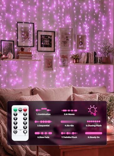 Pink Fairy Curtain String Lights - 300 LEDs, 9.8ft x 9.8ft, 8 Modes, Remote & Timer
