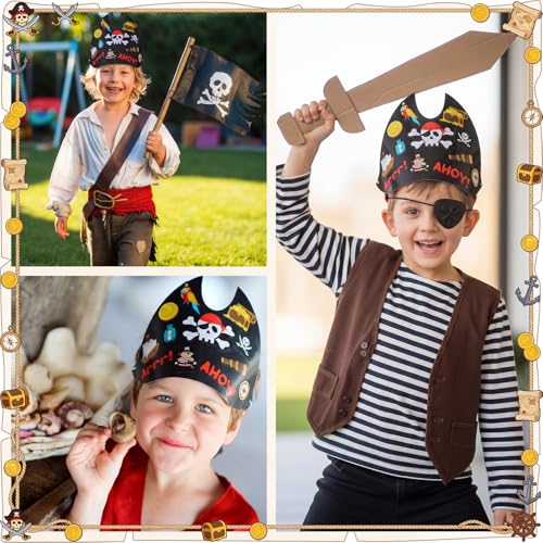Pirate Party Hats Set with Stickers & Elastic Ropes - 24 Count