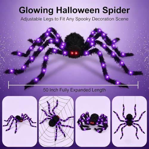 Giant Light Up Halloween Spider Decoration, 50 Inch Outdoor Indoor, Glowing Purple Lights & Red Eyes, Bendable Legs, 8 Light Modes
