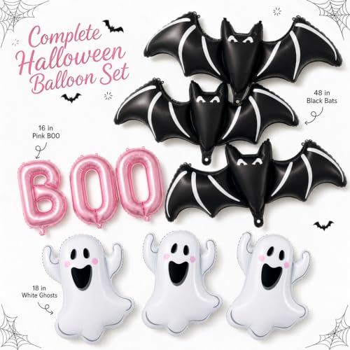 Pink Halloween Balloons Set with Ghost & Bat Decor - Cute Party Supplies with Boo Letters - Variation: Pink