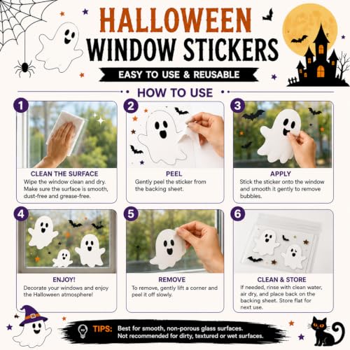 Halloween Window Clings - Ghost, Pumpkin, Bat, Spider, Skull Decoration (Style 6) - 10pcs