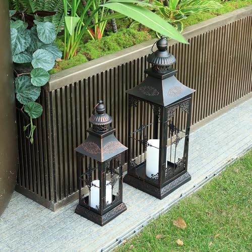 Outdoor & Indoor LED Lanterns with Flameless Candles - 23'' & 15'' Black Metal Decor, Timer Function