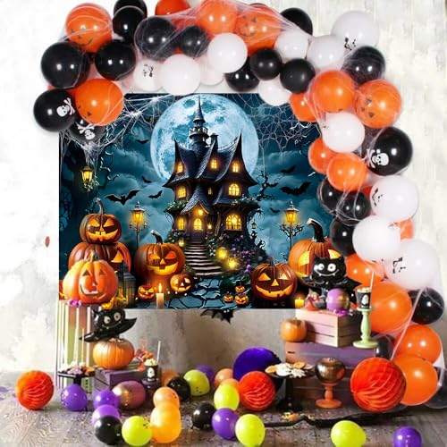 Halloween Horror Castle Backdrop 7x5FT Full Moon Night Pumpkin Lantern Bats Web Scene