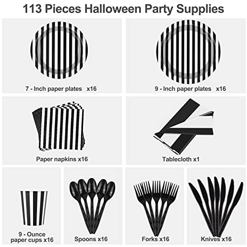 Black and White Striped Party Supplies Set - 113 Pieces for Halloween, Birthday, Wedding