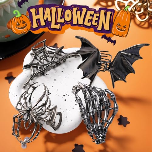 4 Pack Halloween Claw Hair Clips for Women and Girls, Spider Bat Web Bone Design, Grey Variation of THIS listing