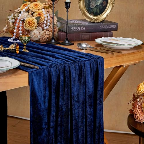 Navy Blue Velvet Table Runner Set - 4 Pieces 20x120 Inches Luxury Decor