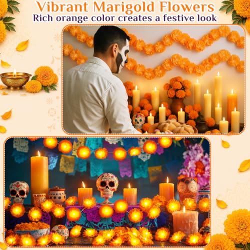 Orange Marigold Garland Lights - 9.8ft 20 LED Artificial Flowers, 4 Pack