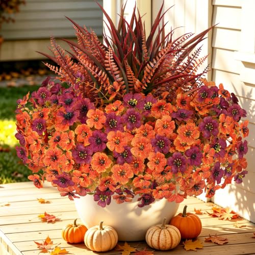 Artificial Fall Flowers Set with UV-Resistant Mums & Plants - Red Orange