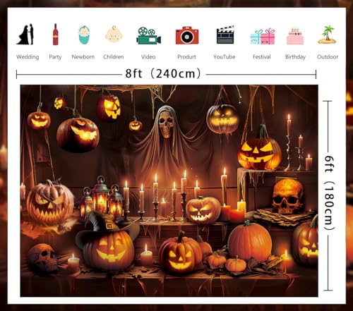 Halloween Horror Backdrop Skeleton Pumpkin Lantern Haunted House Banner - 8x6FT