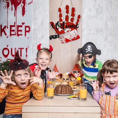 Halloween Bloody Handprint Welcome Sign for Front Door Horror Knife Decor