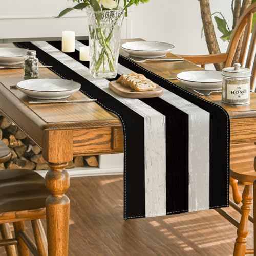 Black and White Retro Rustic Wood Texture Table Runner - 13x72 Inch Seasonal Halloween Decor