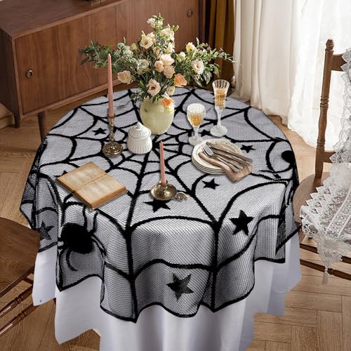 Halloween Round Black Lace Spiderweb Tablecloth 40 Inch - Festive Table Decor