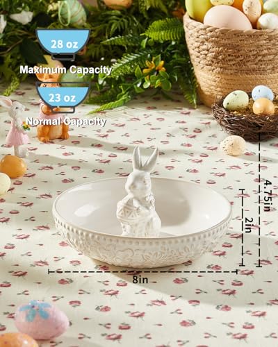 Easter Ceramic Bunny Candy Dish - Floral Decorative Bowl for Spring Celebrations, 8 Inch, Cream White