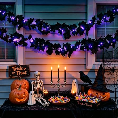 Halloween Decor Black Maple Leaf Garland with Purple LED String Lights - 6.5Ft, Battery Operated, Spooky Home Accent