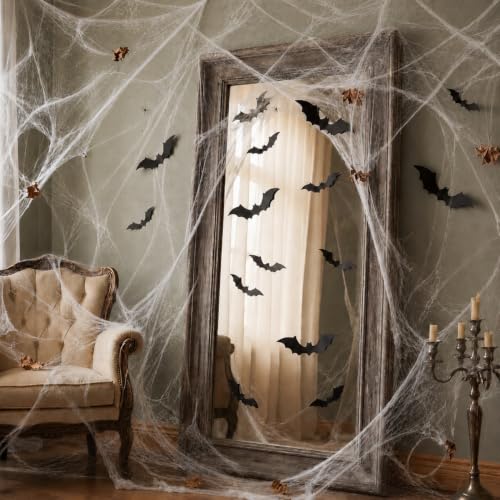 Halloween Mirror Decoration Set with Spider Web and 3D Bat Stickers