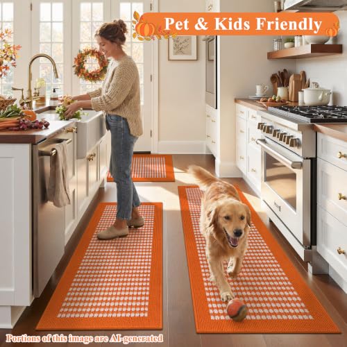 Fall Kitchen Rugs Set of 3 - Checkered Orange Autumn Runner Mats, Washable, Non-Slip