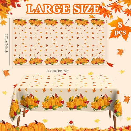 Gold Fall Thanksgiving Tablecloth 8 Pack - Disposable Plastic Autumn Pumpkin & Maple Leaf Design 54x108 Inches