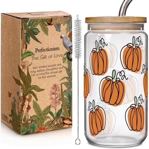 Fall Pumpkin Glass Cup 16oz with Lid & Straw - Halloween & Thanksgiving Gift, Pumpkin Variation