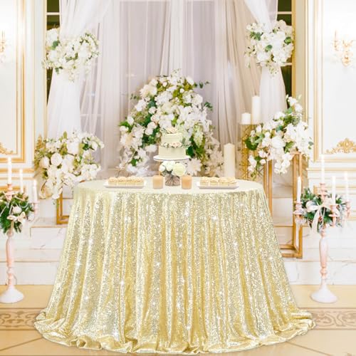 132-Inch Round Light Gold Sequin Tablecloth for Party & Wedding Decor
