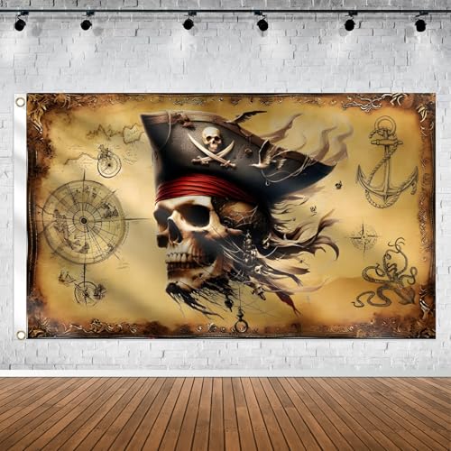 Pirate Backdrop 5x3ft Treasure Map Banner Skull for Pirate Party Halloween Photo Booth