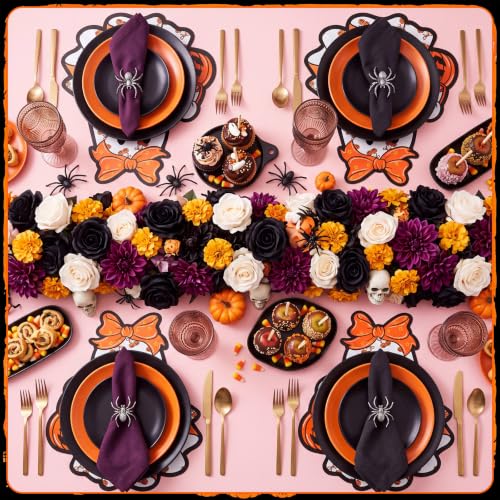 Halloween Ghost Paper Placemat Set - 50 Disposable Orange Pumpkin Table Mats with Bow - Ghost Theme Party Decor