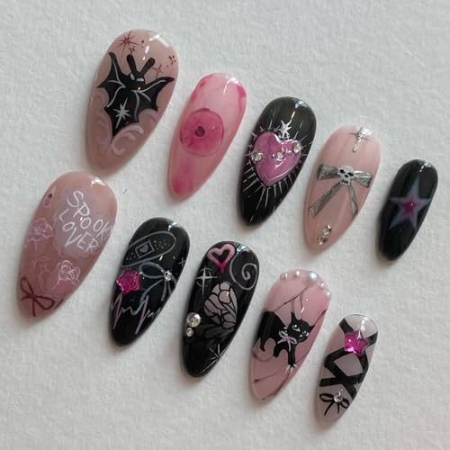 Halloween Fake Nails Set - Colorful Gothic Bat Graffiti Press On Nails, Medium Almond Shape, 24 Pieces with Glue & Tools