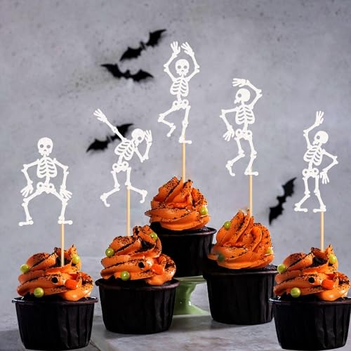 White Skeleton Cupcake Toppers 25Pcs Glitter Skeleton Decorations for Halloween Party & Gothic Birthdays - Variation: White Skeleton