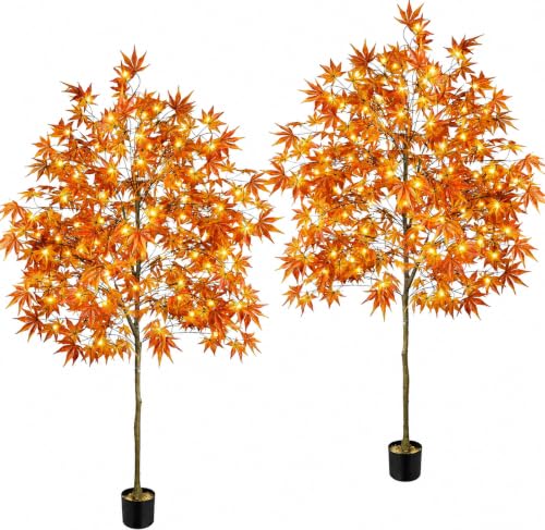 Lighted Faux Fall Maple Tree - 6.5FT Outdoor Decor with Yellow Leaves, 2-Pack