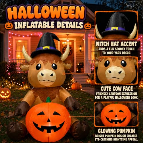 5FT Halloween Inflatable Highland Cow Holding Pumpkin - Outdoor Decorations, Cow Variant