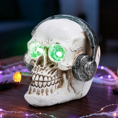 Halloween Skull Headphone Statue with LED Lighted Eyes - 4.7" Resin Decor