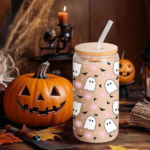 16oz Halloween Ghost & Bat Glass Drinking Bottle with Lid & Straw - Pink & Spooky Decor