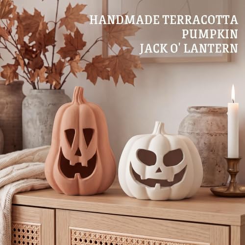 Stylish Halloween Decor Terracotta Jack O Lantern Pumpkins Set - Ghost Carved, 2 Sizes