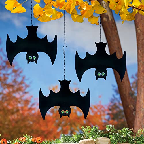 Halloween Glow in The Dark Metal Bat Ghost Hanging Decor Set of 3 Black Bats for Indoor Outdoor Party