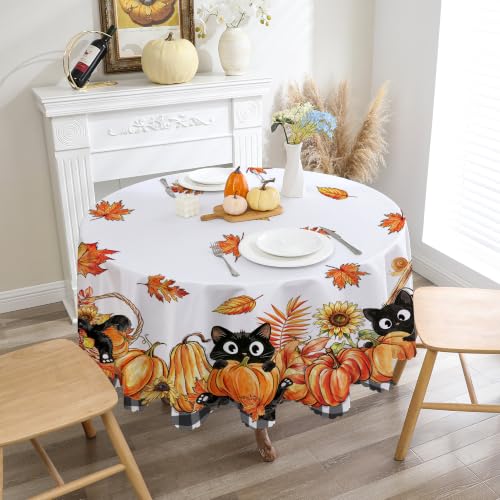 Fall Round Tablecloth 70 Inches with Black Cat Variation - Autumn Pumpkins Fade-Resistant