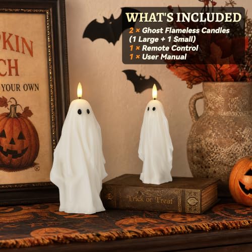 Ghost Flameless Pillar Candles with Remote Set of 2 for Halloween Decor