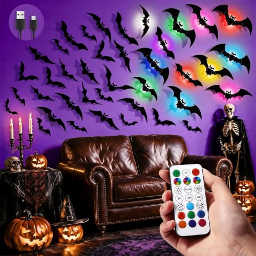 Halloween Bat Decorations Set with Rechargeable Lights - Black, 48 Bats + 12 Lights