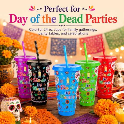 12 Pack Reusable Plastic Day of the Dead Cups with Lids & Straws, 24 oz Fiesta Design