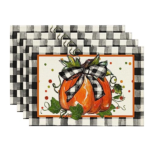Pumpkin Buffalo Plaid Fall Placemats Set of 4 - 12 x 18 Inch Rectangular Black and Orange